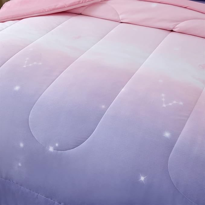 Girls Comforter Set Full Size Colorful Ombre Pink Purple Rainbow Bedding Set Bed in A Bag for Kid Teen Girls 7 Pieces (1 Comforter, 1 Flat Sheet, 1 Fitted Sheet, 2 Pillow shams, 2 Pillowcases)