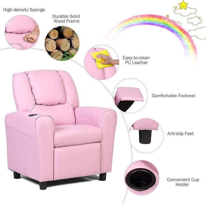 ARLIME Kids Recliner chair, toddler Armchair Upholstered Couch with Cup Holder, Backrest, baby Leather sofa with Headrest and Footrest, Child Furniture for Ages 2-7(Pink)