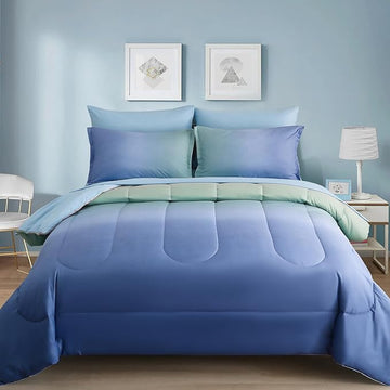 Dinjoy Girls Comforter Set Full Size Colorful Rainbow Ombre Blue Green Pink Bedding Set Gradient 7 Pieces Bed in A Bag for Kids Teen Girl Women(1 Comforter, 1 Flat Sheet, 1 Fitted Sheet)