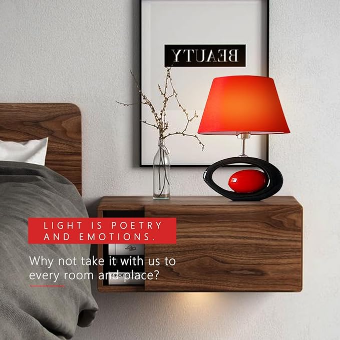 Red Modern Table Lamp, Ceramic Desk Lights with Linen Shade LED Bedroom Bedside Light Living Room Office Desk Night Lantern 14.8inch American Desktop Light for Home, E26 Base 60W 110V