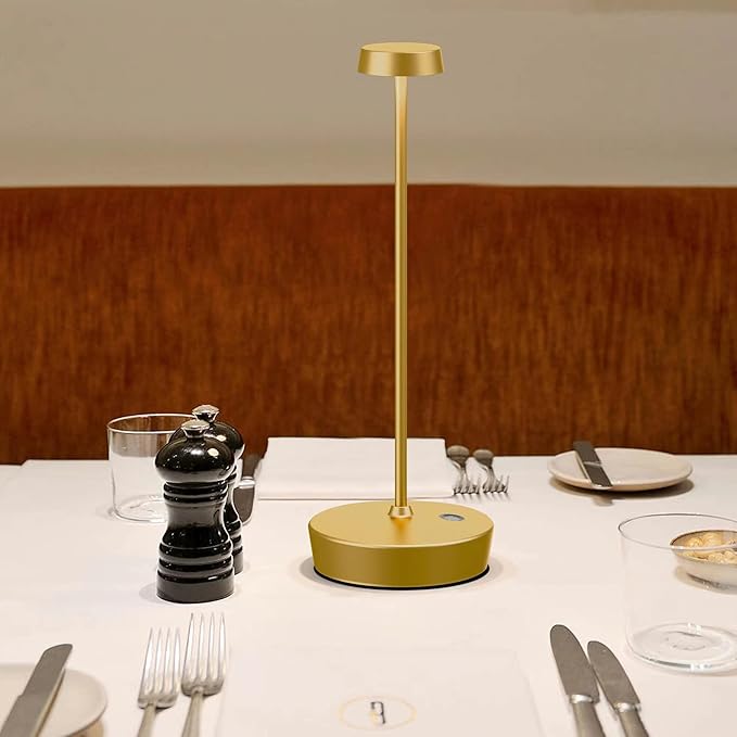 Cordless Battery Powered Table Lamp, Rechargeable LED Dimmable Brightness Metal 6000mAh Touch Desk Lamp Portable Modern Design for Restaurant Indoor & Outdoor (Gold)