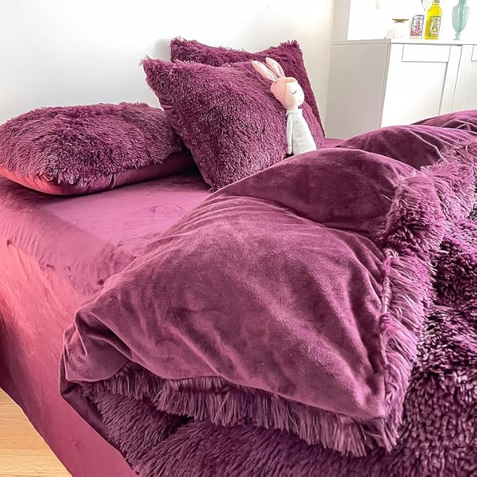 Faux Fur Kids Girls Grape Purple Comforter Sets King - 3PC Bed Set Warm Comfortable Soft Plush Flannel Velvet Fluffy Fuzzy Bedding（Comforter x 1 Pillowcases x 2）