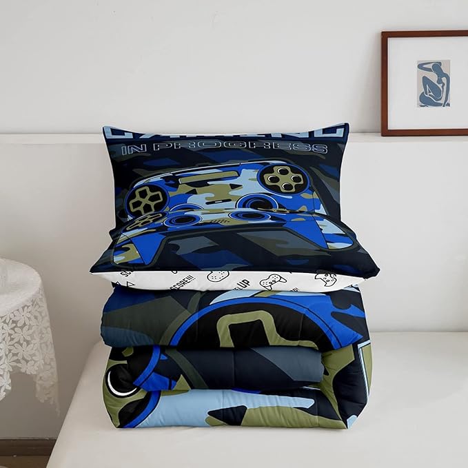Feelyou Boys Gaming Comforter Set King Size Teens Gamer Bedding Set Retro Blue Camouflage Video Game Controller Comforter for Kids Decor Gamer Console Action Buttons Duvet Set Microfiber Boys