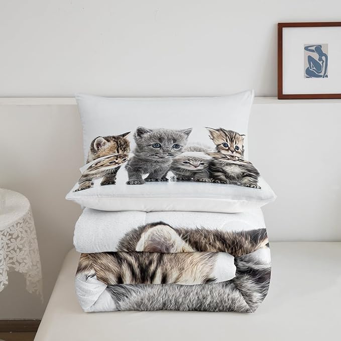 Feelyou Cat Comforter Kids Cute Cat Bedding Set Cartoon Pet Cats Comforter Set for Girls Boys Cute Kitten Room Decor Cat Lovers Kawaii Animal Quilt King Size with 2 Pillow Case Boys