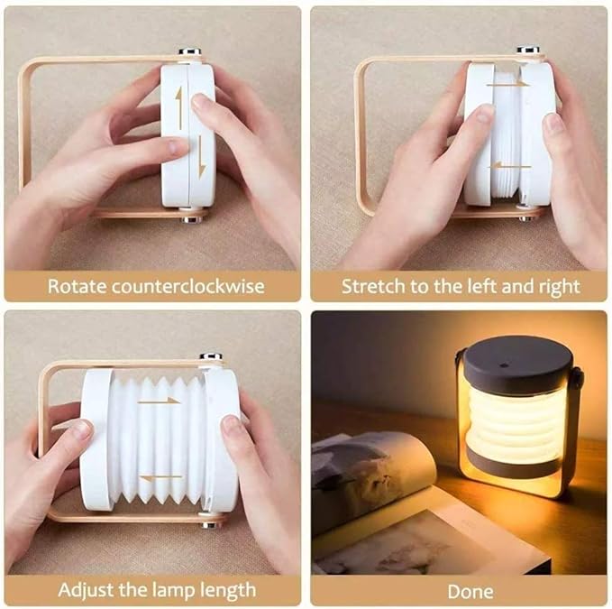 4-in-1 Foldable Table Lamp,USB Retractable LED Light,Wooden Handle Portable Lantern Light and Flashlight,Touch Control Dimmable 3 Level Brightness Night Light for Reading, Outdoor Camping (Grey)