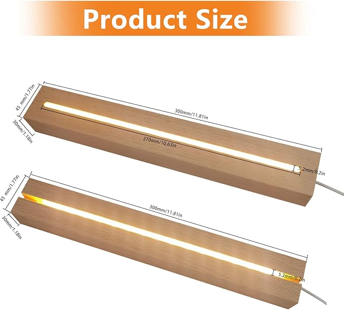 2Pcs 11.8" Rectangle Wooden Display Stand, Warm Light Wooden Lighted Base Wood Rectangle Led Display Pedestal Wood Night LED Light Lamp Base for Crystal Glass Resin Art