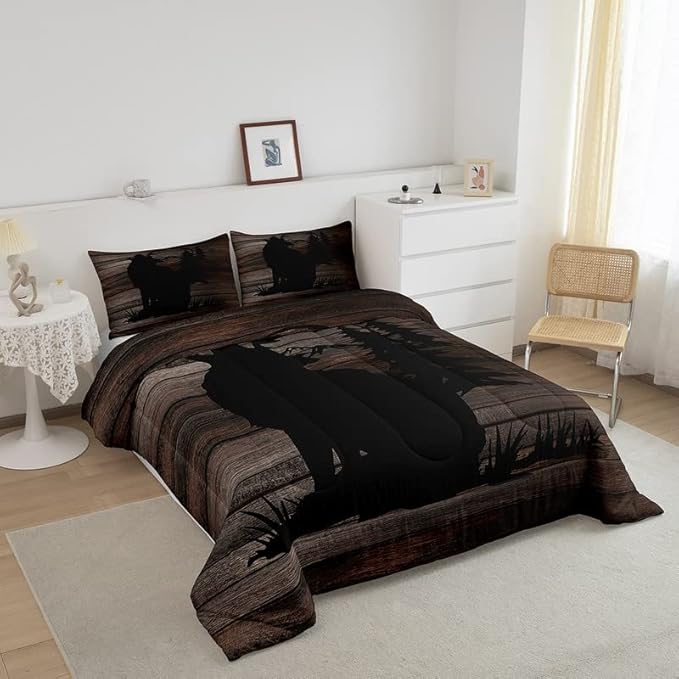 Cute Wolf Comforter Set for Girls Kids Wolves Howling Bedding Set Room DecorAnimal Wolves Tree Wood Grain Bedding Set Brown Black Duvet Set 3Pcs with 2 Pillow Case King Size Boys