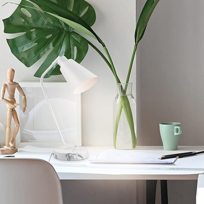 Globe Electric 52295 Belmont 17" Desk Lamp, Matte White, White Faux Marble Base, 2.1A USB Port, On Off Rocker Switch at Base