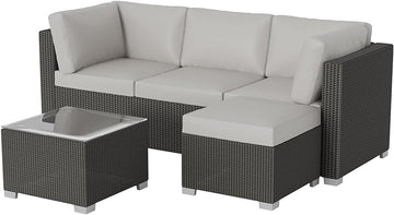 GAOMON 5-Piece Outdoor Patio Rattan Wicker Sofa Set, Pe Rattan Conversation Sectional with Thickened Back Cushion, Glass Tabletop, Ottoman - Ideal for Courtyard Space, Light-grey