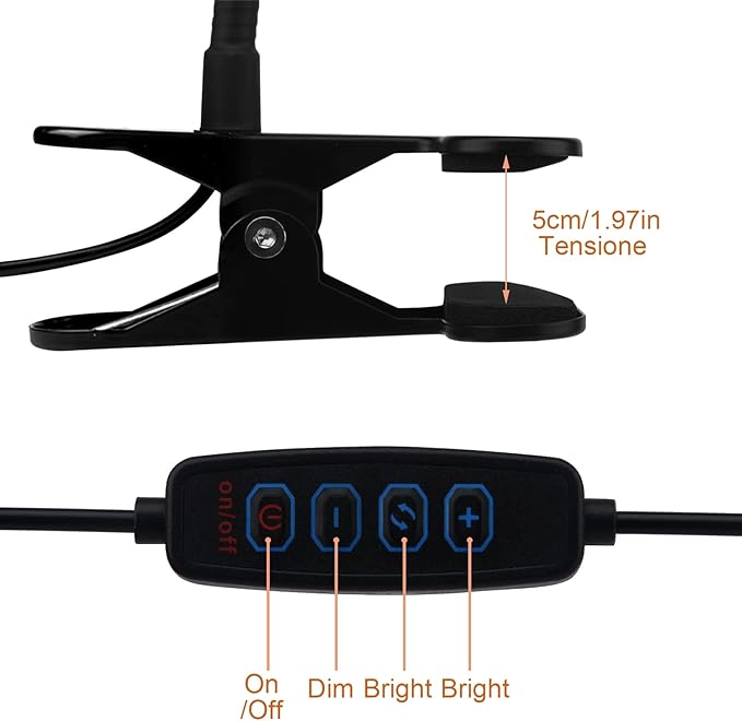 LED Clip On Light Reading Light, 10 Dimmable Brightness Gooseneck Clamp Desk Ring Light with Metal Bookmark for Reading Makeup Bedside (Size:Lamp+Bookmark)