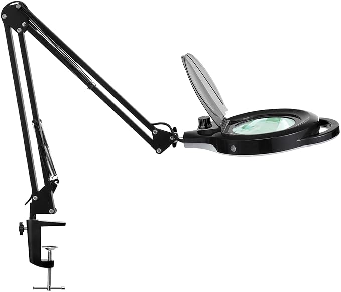 10X Magnifying Lamp with Clamp, KIRKAS 2200 LM Super Bright and Stepless Dimming Magnifying Glass with Light, Real Glass Lens Lighted Magnifier Light for Close Work, Crafts, Reading, Repair - Black