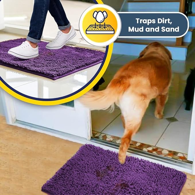 Muddy Mat® Original Dog Door Mat for Muddy Paws, Super Absorbent Microfiber, Non-Slip Washable Pet Rug, Quick Dry Chenille Entryway Carpet, Machine Washable Indoor Outdoor mat, Purple 35"x60"