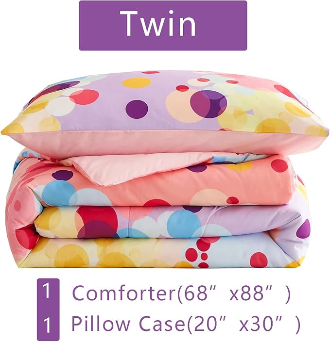 Rainbow Ombre Comforter Set Twin Size for Girls, Colorful Bubbles Polka Dots Comforter for Kids Teen, 2 Piece Orange Pink Purple Blue Gradient Pastel Bedding Set with 1 Pillow Case(Rainbow,Twin)