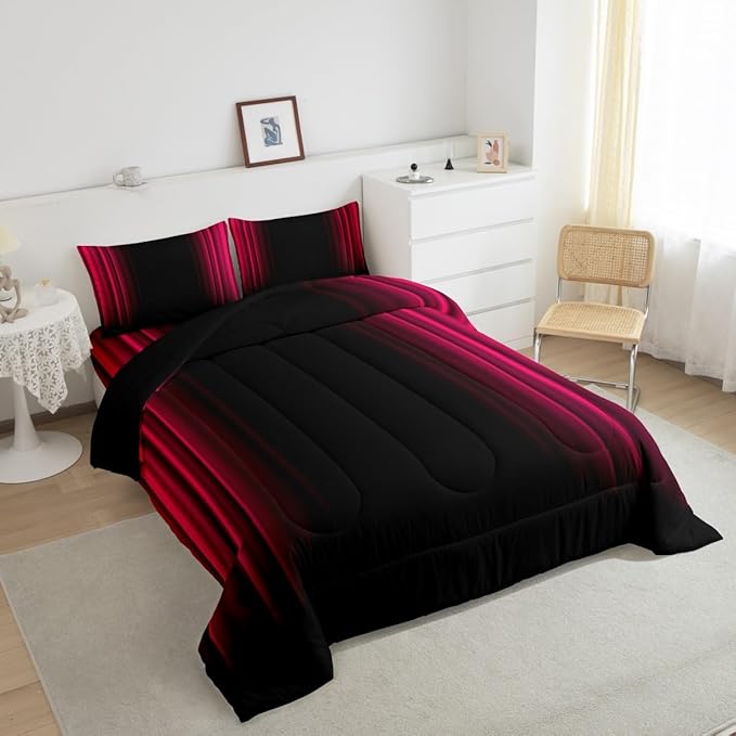 Feelyou Geometric Abstract Ombre Bedding Bed Set Men Adults Teens Vibrant Red Black Striped Comforter Set Kids Boys Girls Simple Modern Comforter Collection 3Pcs King Size Boys