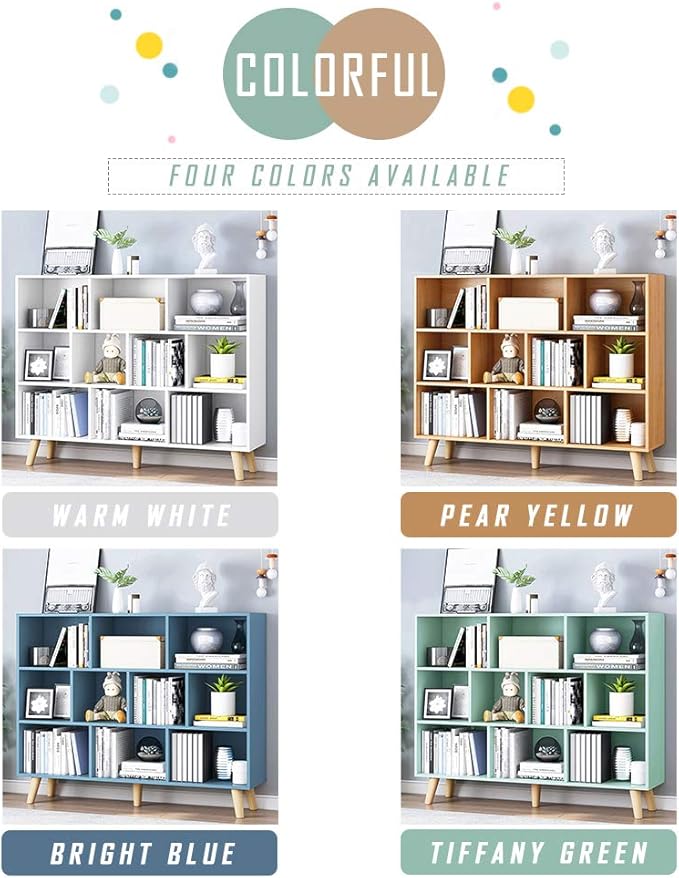 IOTXY Wooden Open Shelf Bookcase - 3-Tier Floor Standing Display Cabinet Rack with Legs, 10 Cubes Bookshelf, Warm White