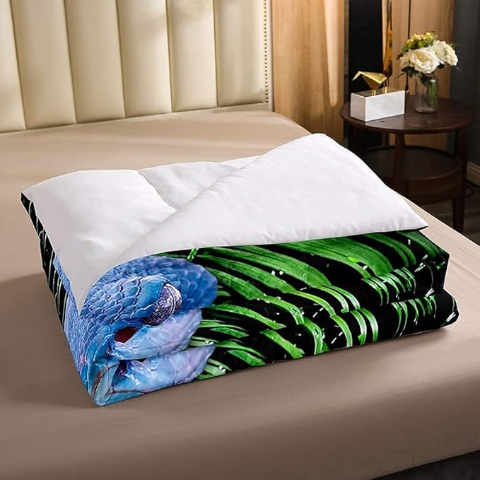 Erosebridal Snake Comforter Set King, Blue Snake Duvet Set, 3D Reptile Bedding Comforters, Blue Scales Quilt Set, Palm Leaf Wild Animal Stylish Quilted Duvet for Kids Boys Teens Man Bedroom Decor