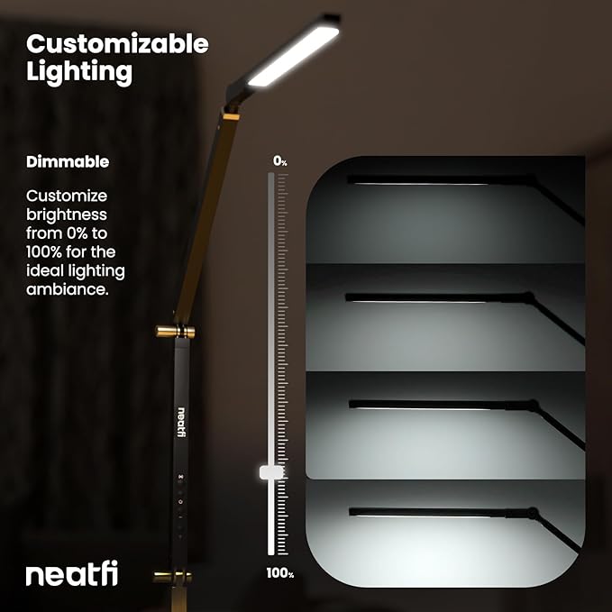 Neatfi LED Desk Lamp with Clamp, Touch & Remote Controlled, Stepless Dimming, 3 Color Modes, 3000-6000K, Detachable Shade, Flicker-Free, 360° Rotation, Wide Angle Lighting (Modern, Black)
