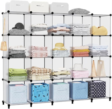 HOMIDEC 20-Cube Transparent Cube Storage Organizer, Modular Storage Shelf with Hammer, Cube Storage Bin Cabinet Closet Bookshelf for Living Room, Bedroom, Office, Each Cube Size 11.8 x 11.8 inch