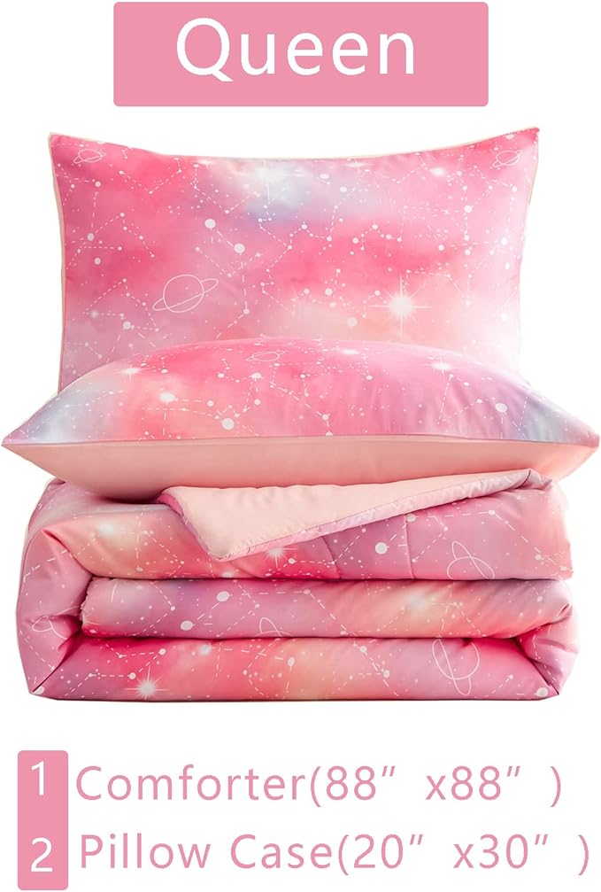 KAKKI Pink Galaxy Queen Comforter Set, 3-Piece, 88"x88"