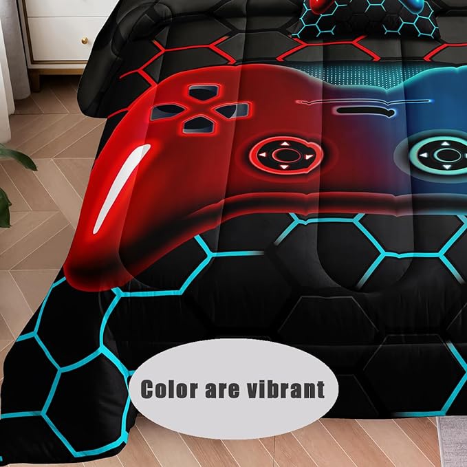6 Pieces Bed in a Bag for Boys Bedding Sets Queen Size,Gamer Comforter Sets for Boys Kids, Gaming Comforter Set for Boys Room Decor with Flat Sheet,Fitted Sheet,Pillowcase,Cushion Cover
