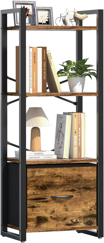 Yoobure Bookshelf, 4 Tier Book Shelf with Drawer, Small Bookcase Narrow Book Case, Industrial Bookshelves Shelf for Bedroom Living Room Office, Book Storage Organizer for CD/Movie Rustic Brown