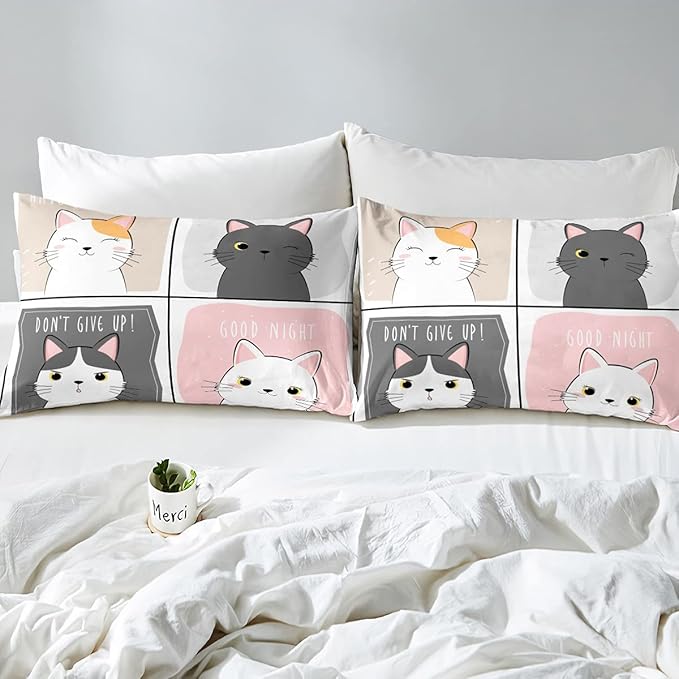 Erosebridal Kawaii Cats Comforter Set Twin,Pink Grey Cute Little Cat Down Comforter Adorable Kitten Animal Bedding Set for Kids Boys Girls Patchwork Cartoon Doodle Quilt Duvet Set with 1 Pillow Case