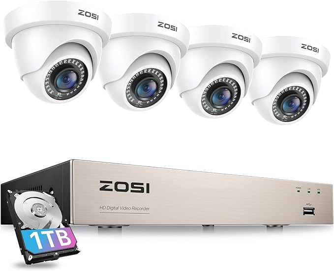 ZOSI 3K Lite Security Camera System with 1TB Hard Drive,AI Human/Vehicle Detection,Night Vision,H.265+ 8Channel HD TVI DVR Recorder,4pcs 1080P HD 1920TVL Indoor Outdoor Surveillance CCTV Dome Cameras
