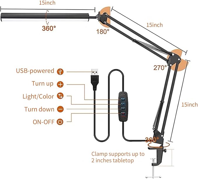 LED Metal Swing Arm Desk Lamp with Clamp, 14W Eye-Caring 3 Modes, 30 Brightness Dimmable, Memory Function/USB Adapter, Architect Table Light for Home Office (Black)