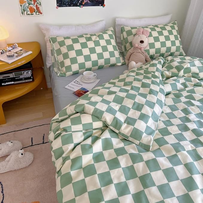 Wellboo Green and White Comforter Sets Twin Women Men Sage Green Checkerboard Grid Bedding Comforters Cotton Boys Girls Modern Grass Green Plaid Checkered Quilts Modern Buffalo Geometric Abstract Bed