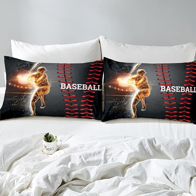 Erosebridal Baseball Bedding Set, Golden Athlete Comforter Set Twin Size, Sports Games Down Comforter for Kids Boys Girls Bedroom, Glitter Outer Space Duvet Insert for Living Room