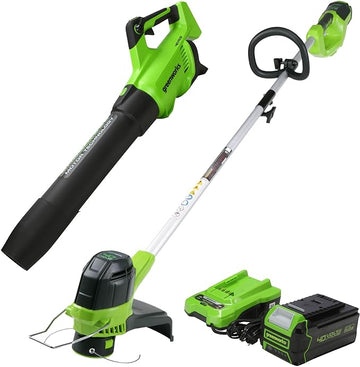 Greenworks 40V (550 CFM / 130 MPH) Brushless Axial Blower + Trimmer, 4.0Ah USB Battery and Charger Included