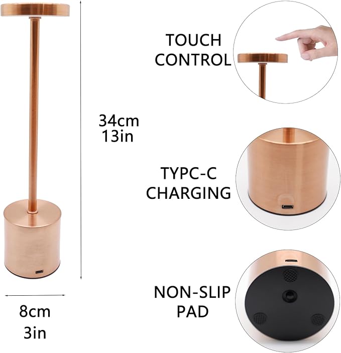 2 Pack Cordless Table Lamp Rechargeable 5000mAh Battery Operated Portable LED Desk Lamp 3 Color Temperature Stepless Dimming for Bedroom Restaurant Coffee Shop Party (Rose Gold)