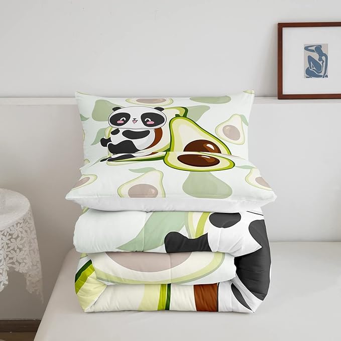 Kids Cute Panda Bedding Set Twin Kawaii Avocado Comforter Set for Boys Girls Bedroom Dorm Decor,Fruit Cartoon Exotic Animal Bedding Comforter Sets Giant Panda Bed Quilt Sets 2 Pcs Green Black White