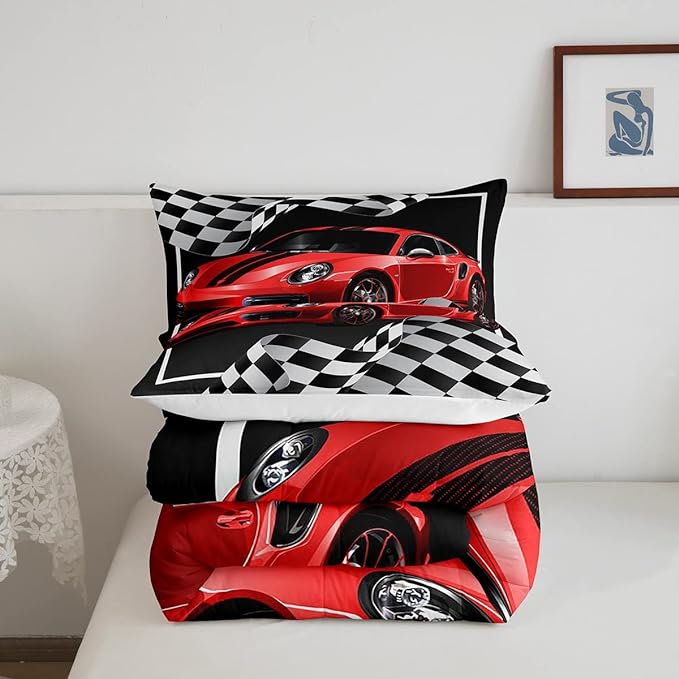 Red Race Car Comforter Set Twin Size, Black White Lattice Bedding Set 2pcs for Kids Boys Teens Room Decor,Extreme Sport Games Quilt Set,Cool Modern Duvet Insert with 1 Pillowcase
