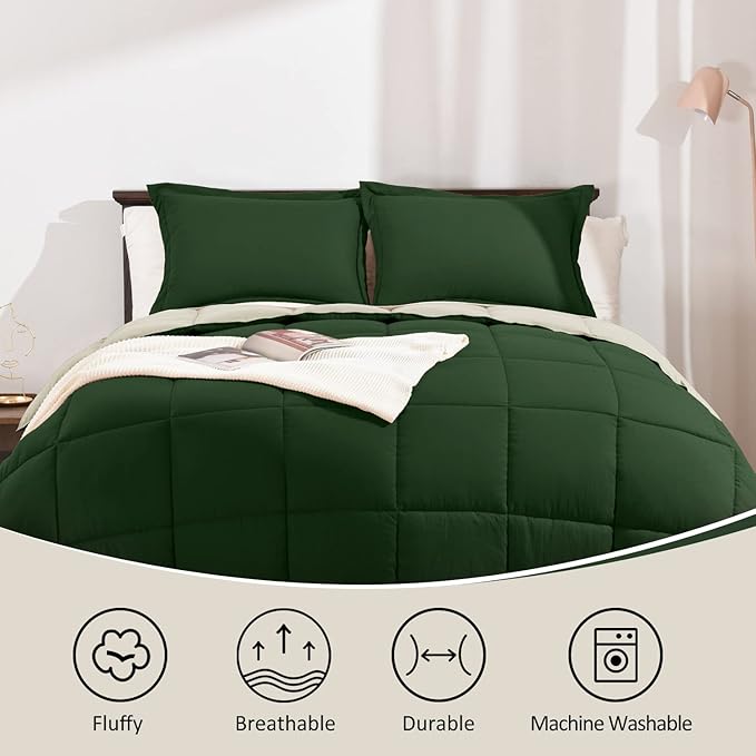 Basic Beyond Twin Comforter Set for Girls and Boys - Fluffy Twin Bed Comforter Set for All Seasons - Reversible Forest Green Comforter Set - 2 Pieces (1 Comforter + 1 Pillow Sham) - Forest Green/Ivory