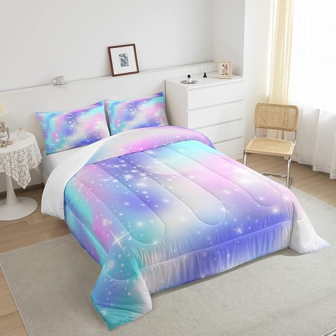 Erosebridal Ombre Comforter Rainbow Comforter Set Full Tie Dye Galaxy Duvet Set Nebula Bedding Starry Sky Quilt Set Pastel Stars Glitter Bedding Set Purple Blue Bedroom Decorative Down Comforter