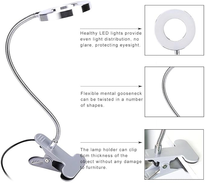 ZJchao Clip on Light, Makeup LED Lights USB Cosmetic Lamp Eyebrow Lip Beauty Salon Desktop Led Lights with Clip Reading Desk Light Book Light for Desk Bed Headboard Makeup