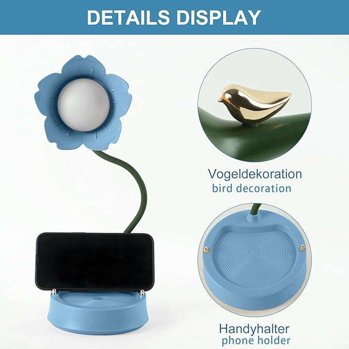 Himmel Flower Desk Lamp, Dimmable LED Kid Desk Lamp with 3 Colour Temperatures,Cordless Rechargeable Desk Lamp with Touch Sensor and Flexible Arm, USB Bedside Lamp for Reading, Learning