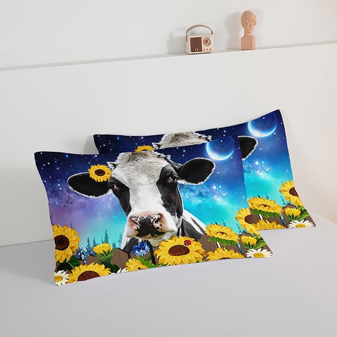 HOSIMA Cow Print Comforter Set with 2 Pillowcases,Farm Animal Theme Bedding Set Sunflower King Size Comforter for Adults Teens Kids,Farm Starry Sky Toddler Comforter Floral Bedding Set.