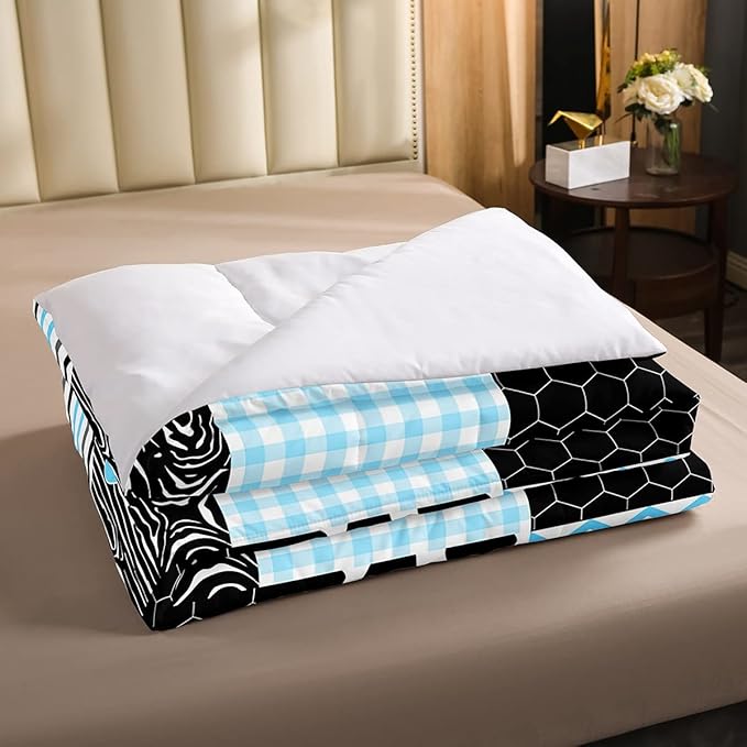 Cute Cow Print Comforter Set Twin Size Kawaii Highland Cow Bedding Set Bedroom Decor Honeycomb Plaid Pattern Geometric Stripes Down Comforter Cartoon Farm Animals Duvet Set, Blue Black Grey