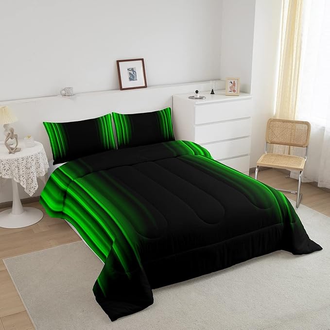 Feelyou Geometric Abstract Ombre Bedding Bed Set Men Adults Teens Green and Black Striped Comforter Set Kids Boys Girls Simple Modern Comforter Inner Fill Bedroom Collection 3Pcs Queen Size