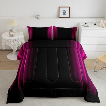 Geometric Abstract Ombre Bedding Bed Set Men Adults Teens Rose Red and Black Striped Comforter Set Kids Boys Girls Simple Modern Comforter Inner Fill Bedroom Collection 3Pcs Full Size