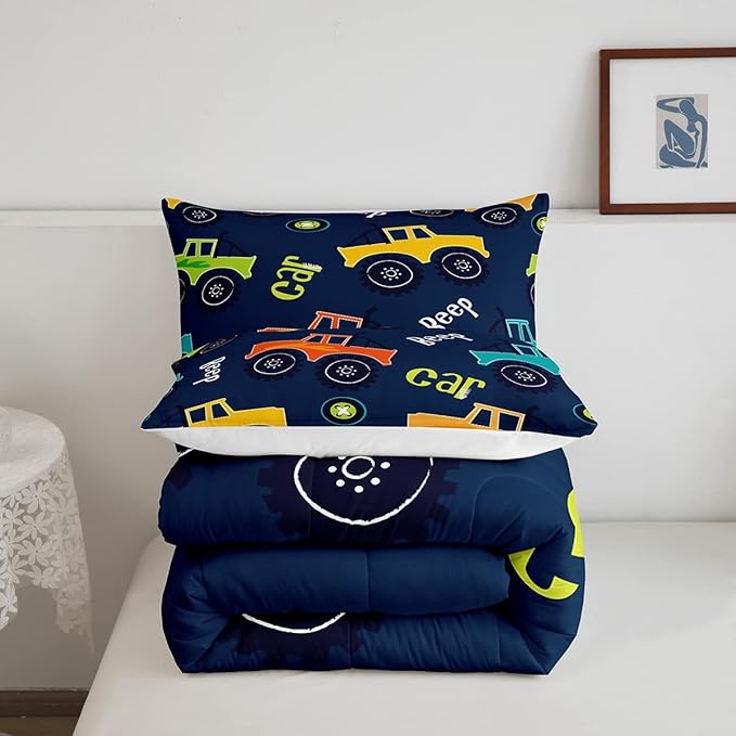 Feelyou Cartoon Car Bedding Set Construction Kids Comforter Set Boys Equipment Trucks Decor Comforter Cartoon Car Excavator Tractor Duvet Set Quilt King Boys