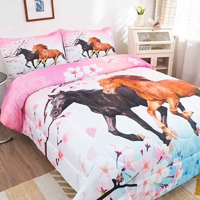 Feelyou Kids Horse Comforter Set for Girls King Size Chic Cherry Blossom Bedding Set for Horse Lover Gift Galloping Horse Printed Comforter 3D Wild Animal Duvet Set Bedroom Decor Quilt Set 3Pcs