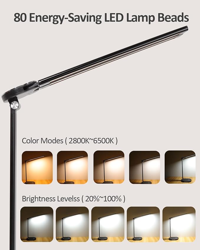 LED Desk Lamps for Home Office, 14W Double Swing Arm Desk Lamp with USB Charging Port, Eye-Caring Architect Task Lamp, Touch Control Desktop Lamp with Night Light Table Light for Work Study Craft
