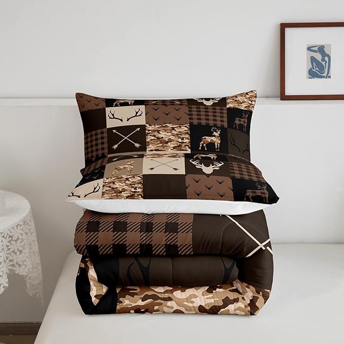 Kids Deer Antlers Animal Comforter Set King Size,Brown Camo Xmas Bedding Set,Girls Boys Adults Bedroom/Cabin Decor,Plaid Patchwork Vintage Down Comforter,Arrows Tribal Duvet Insert,3pcs,2 Pillowcases