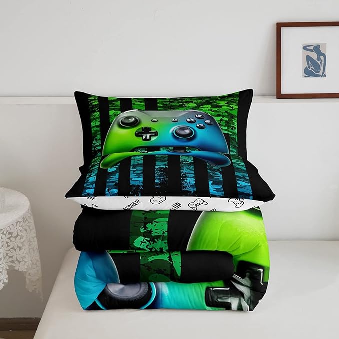 Gamer Bedding Sets for Boys American Flag Comforter Set Twin Size Gaming Comforter Military Camo Retro Down Comforter Kids Game Room Decor Teens Adult Green Blue Gamepad Duvet Set,Black,Warm Soft