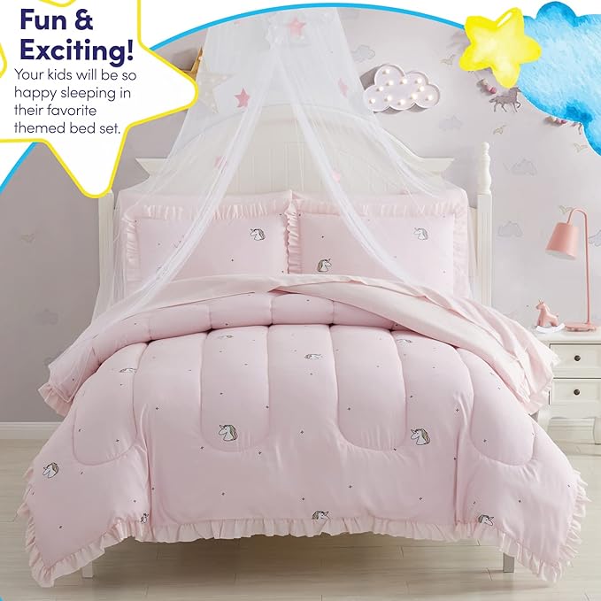 Kids Bedding Set Bed in a Bag for Boys and Girls Toddlers Printed Sheet Set and Comforter, Full, Rainbow Unicorn (Pack of 4)