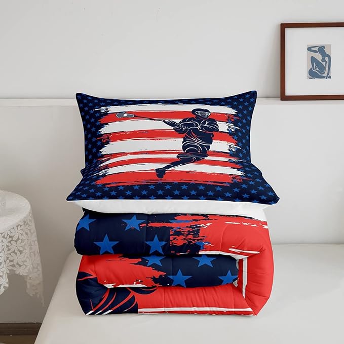 Feelyou Lacrosse Comforter Set King Size Boys Gilrs American Flag Sports Bedding Set for Kids Adults Soft Lacrosse Player Games Comforter Navy Blue Duvet Set Room Decor Quilt Boys
