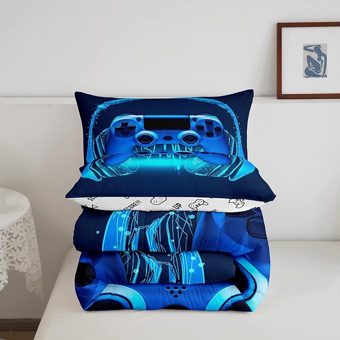 Gamer Comforter Set Full Size,Blue Headphones Musical Design Games Gamepad Bedding Set for Kids Boys Video Game Room Decor Retro Playing Gamer Down Comforter Gaming Controller Quilted Duvet Set